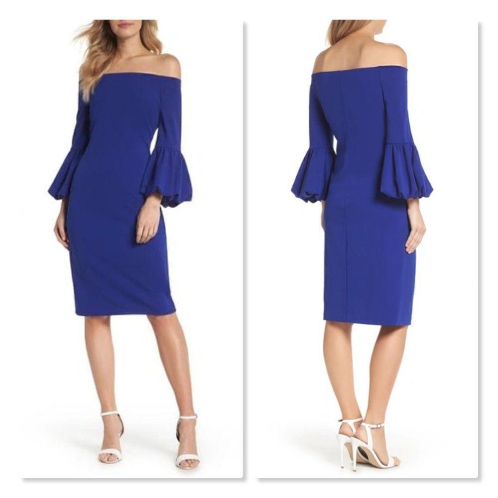 Eliza J Off the Shoulder Bell Sleeve Scuba Crepe Dress size 0 in Blue